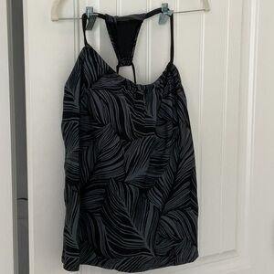 Kona Sol Black and Gray Leaf Print Swim Top
